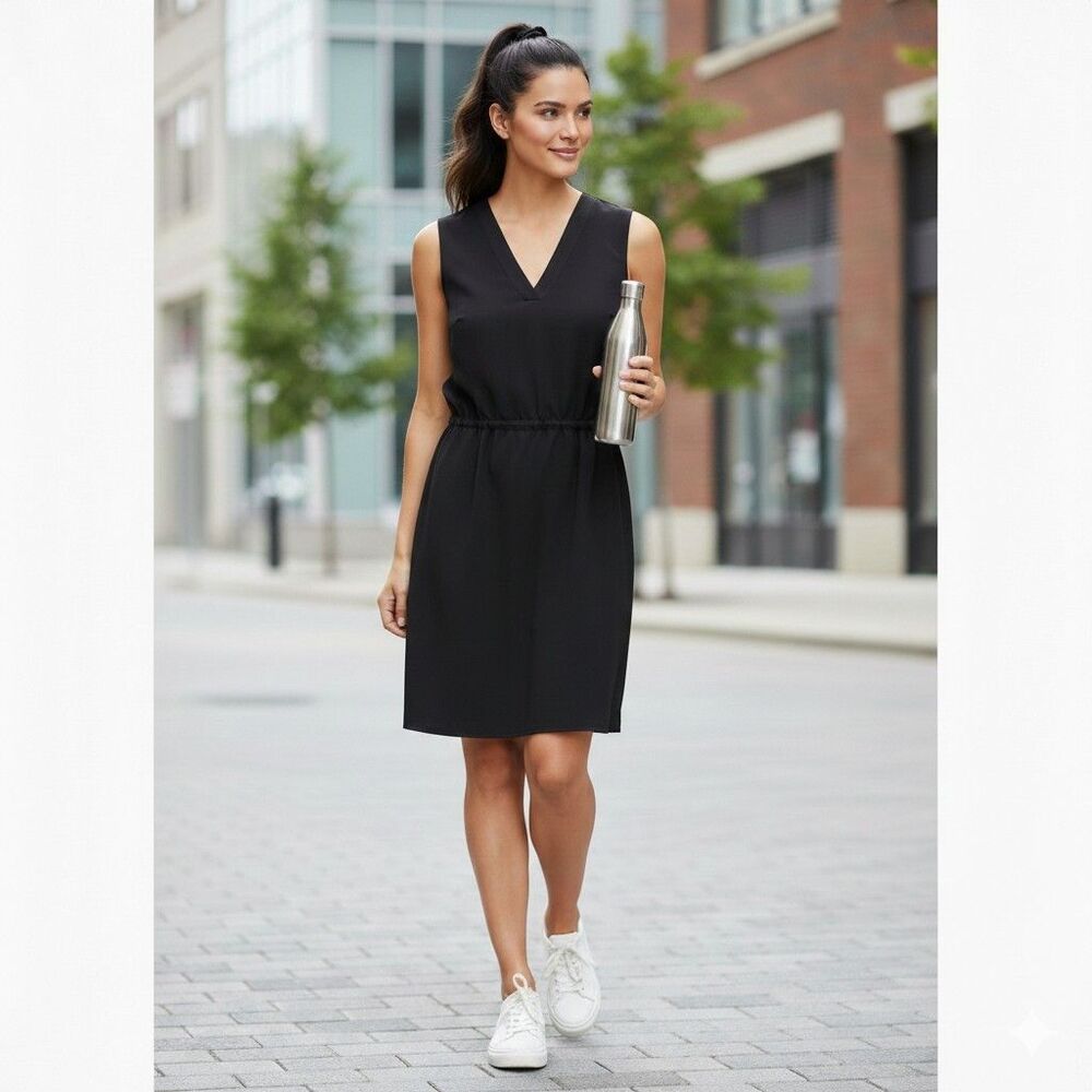 Calvin Klein Black Sleeveless Sporty V-Neck Dress Cinched Waist Performance 16